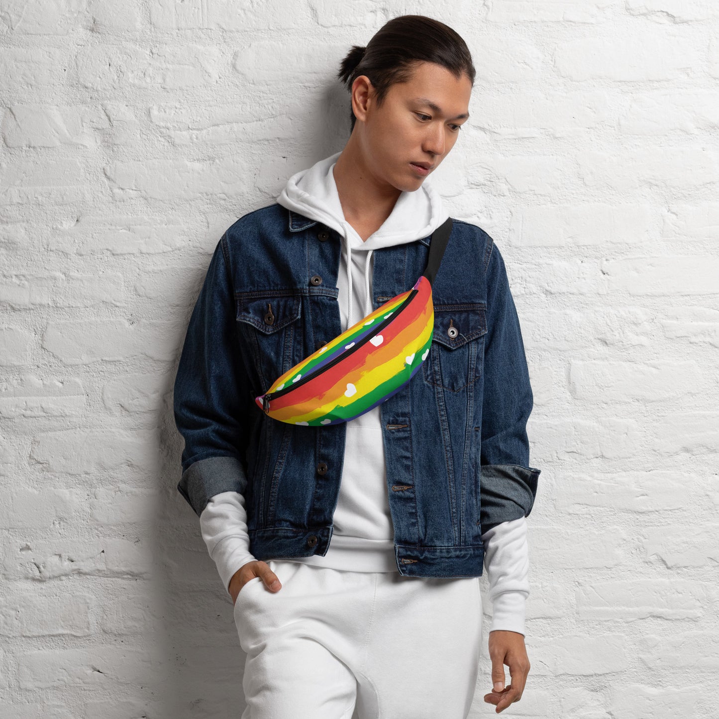 LGBT Heart Fanny Pack with a man wearing view 