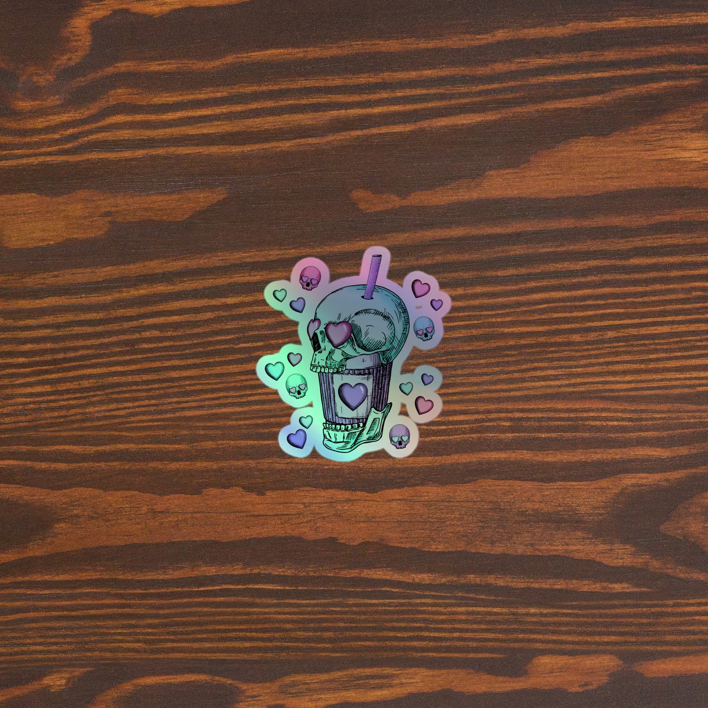 Creepy Skull Boba Bubble Tea Holographic Sticker